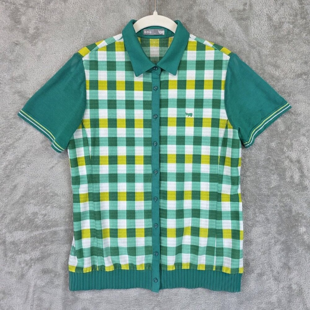 PAT Shirt Womens Large Green White Yellow Plaid Button Front Short Sleeve Knit